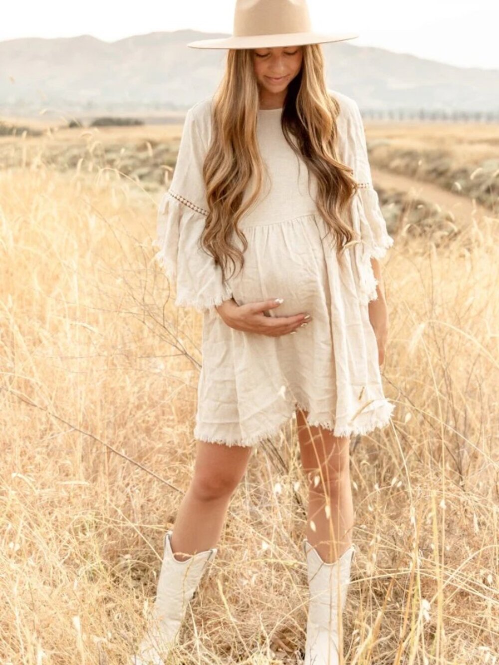 Beige Raw Edge Bell Sleeve Babydoll Maternity Dress